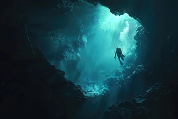 A person swimming in a deep blue cave. Suitable for travel and adventure themes