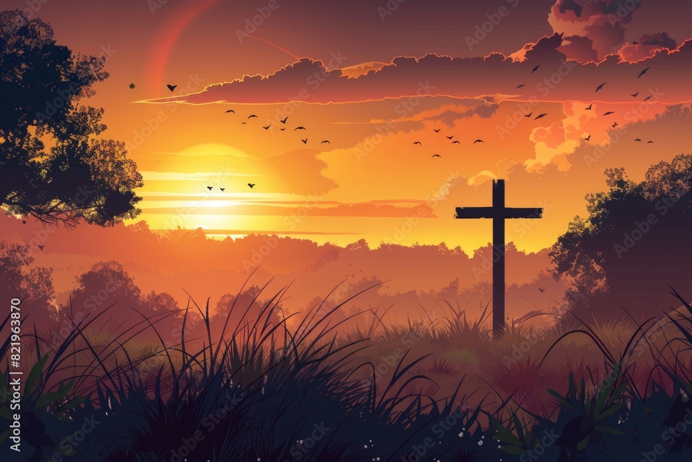 Poster a cross standing in the middle of a field at sunset. suitable for religious themes or inspirational 