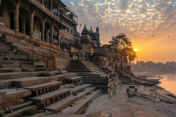 Varanasi city with ancient architecture View of the holy Manikarnika ghat at Varanasi India at...