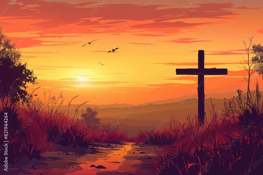Poster a cross standing in a field at sunset. suitable for religious themes