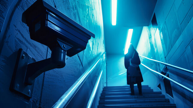 A woman walks cautiously down a dimly lit hallway as a security camera watches her every move