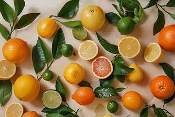 Obraz premium Variety of Citrus Fruits with Leaves Arranged on a Neutral Background 