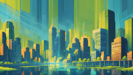 Abstract depiction of the cityscape. Majestic skyscrapers dominate the background. towering buildings, the pulse of the urban business world thrives, captivating scene of modernity and progress.