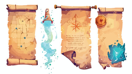 Old parchment scroll and magic book ui glow cartoon