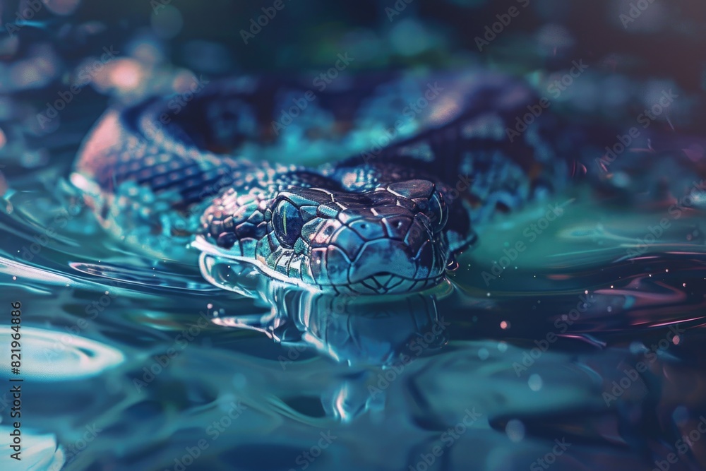 Poster a snake resting in a pool of water. suitable for nature and wildlife themes