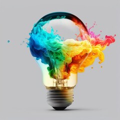  a light bulb filled with vibrant, swirling colors. The bulb itself is transparent, allowing the colorful liquid or paint inside to be clearly visibility 