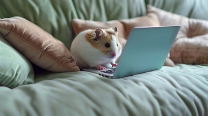 Cute fluffy hamster is sitting on the couch and looking at a laptop, humorous background image close-up