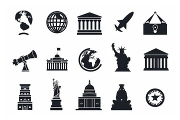 Collection of simple black and white travel icons. Suitable for various design projects