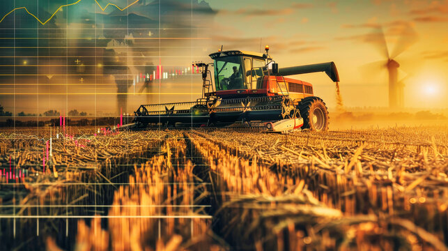 A tractor is harvesting crops in a field, with towering wind turbines generating renewable energy in the background - Powered by Adobe