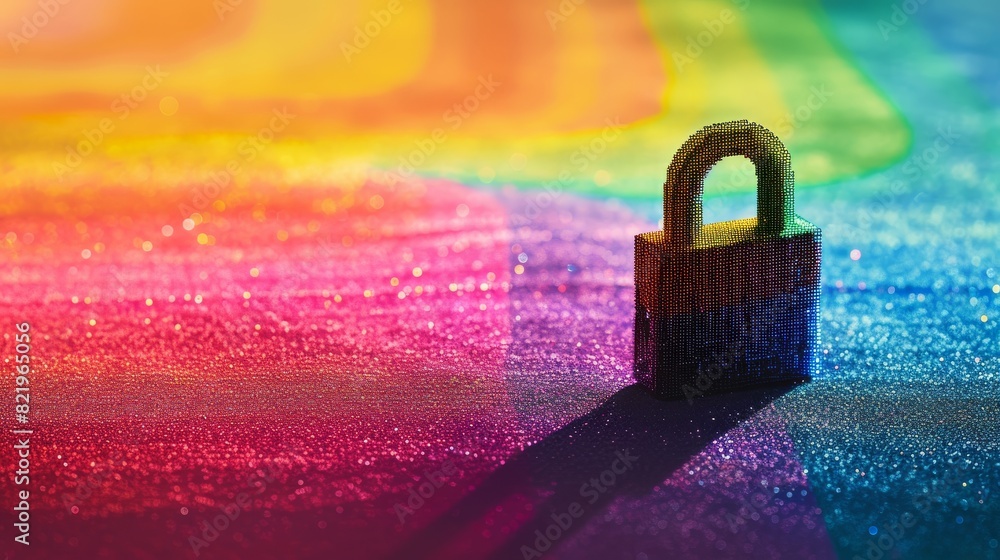 Poster a multicolored padlock casts a shadow over a shimmering rainbow surface, symbolizing diversity and p
