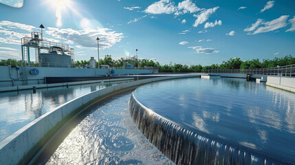 A water treatment plant processing and purifying water, with streams flowing through various segments for ecological and industrial purposes