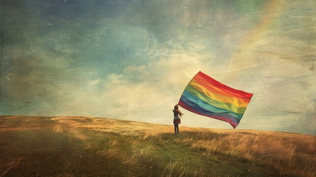 "Alone but Proud: Person with Large Rainbow Flag on Pride Day" - Powered by Adobe