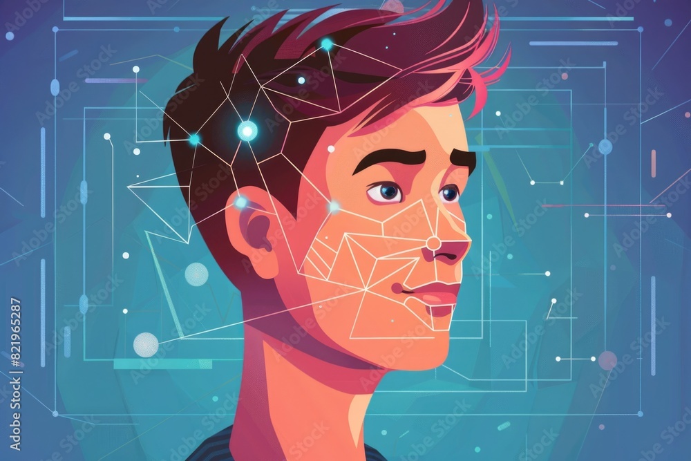 Poster Close-up of a man's face with intricate lines and dots. Ideal for technology or futuristic concepts