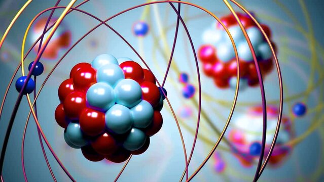 Atom with nucleus, neutrons, protons and electrons orbits glowing. Atomic structure. Concept of physics, science. 4K Animation of electrons orbiting