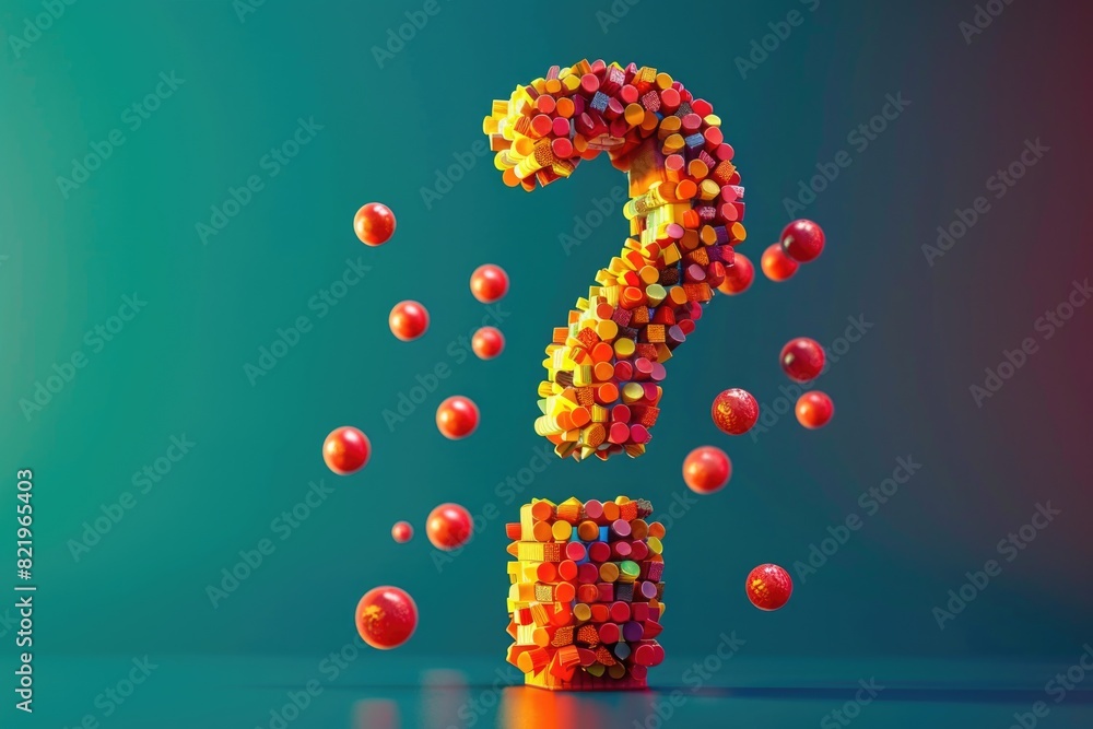 Poster fresh fruit arranged in shape of a question mark, suitable for food and nutrition concepts