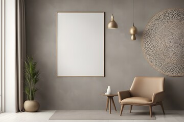 Fototapeta premium mock up poster frame in modern interior background, living room, Scandinavian style, 3D render, 3D illustration