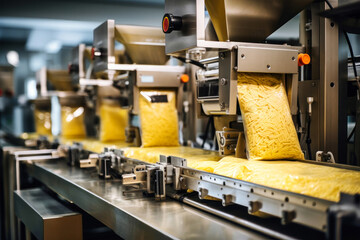 A conveyor belt in a pasta factory carrying a variety of golden-yellow items