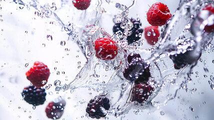 Ripe red and blue berries in a splash of water close-up, dynamic image - Powered by Adobe