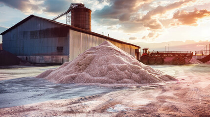 A shimmering pile of salt stands in front of a warehouse, symbolizing the mining and processing of minerals for potash fertilizers