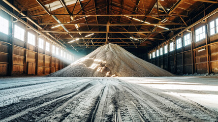 A massive pile of sand in a warehouse, part of the potash fertilizers mining and processing operations