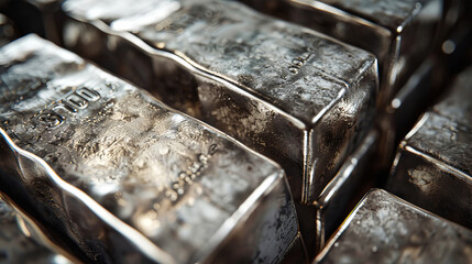A detailed view of a collection of shiny silver bars, freshly smelted at a metallurgical plant, stacked neatly in a pile