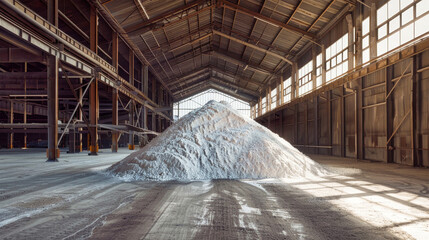 A towering pile of pristine white sand rests in the corner of a vast warehouse filled with potash fertilizers, symbolizing the mining and processing of minerals