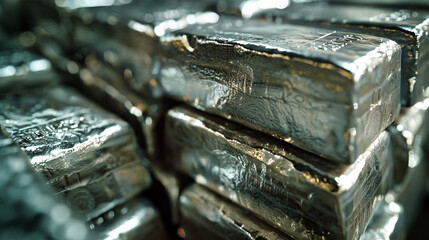 A pile of gleaming silver bars, cast from metal smelted at a plant, stacked high in a dim warehouse