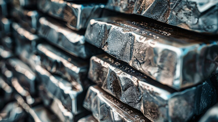 A close up of a towering pile of silver bars, reflecting light and creating a breathtaking display of wealth and craftsmanship