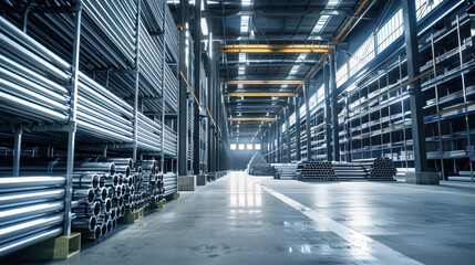 A vast warehouse maze filled with a multitude of shiny metal pipes neatly stacked and reaching high into the industrial space