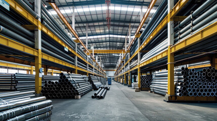 Endless stacks of steel beams and metal pipes fill a warehouse, creating a mesmerizing sight of industrial beauty