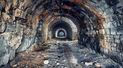 An eerie abandoned tunnel in a stone building, with shadows creeping along the walls and whispers echoing in the darkness