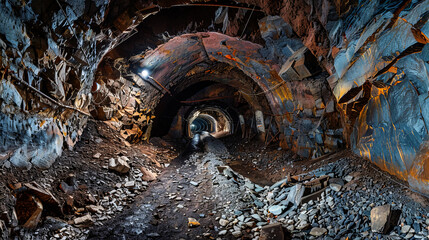 Inside an underground mine, a tunnel is covered in layers of rust, creating an eerie and industrial atmosphere