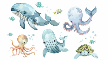 Underwater animals Four  fish whale turtle octopus. style