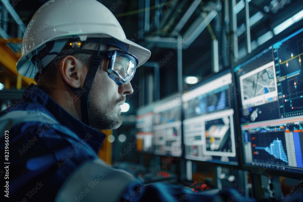 Poster a man in a hard hat examining a screen, suitable for construction industry concepts