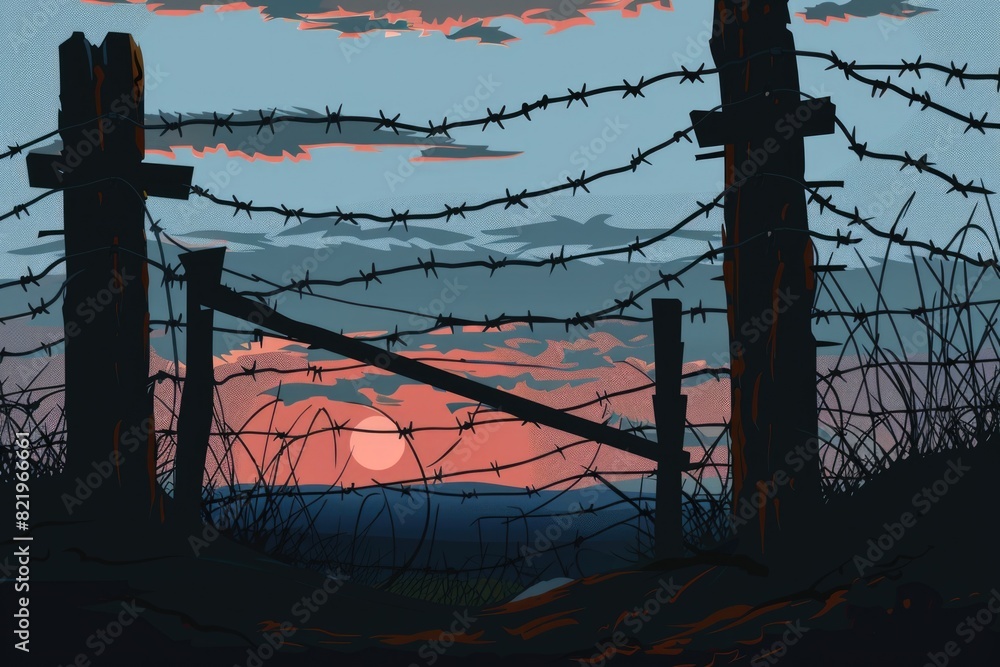 Poster a peaceful sunset scene with a barbed wire fence in the foreground. suitable for various themes and 