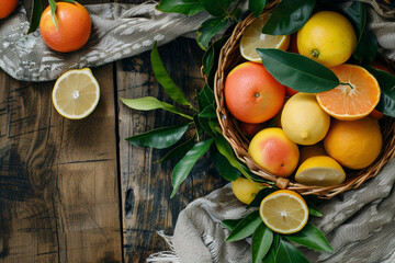 Various fresh citrus fruits and leaves in a wicker basket on a wooden table 