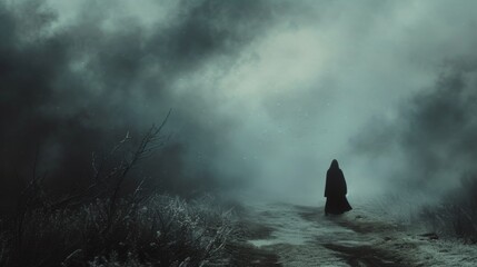 A shadowy figure walks along a foggy path surrounded by leafless shrubs and a dramatic cloudy sky, exuding a sense of solitude and mystery.