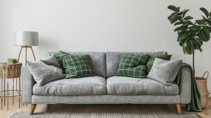 Interior of a living room with gray velvet sofa, pillows, green plaid, lamp, and fiddle leaf tree in wicker basket on white wall background. 3D rendering.