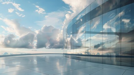 Clouds reflected in a curve glass office building. 3D rendering