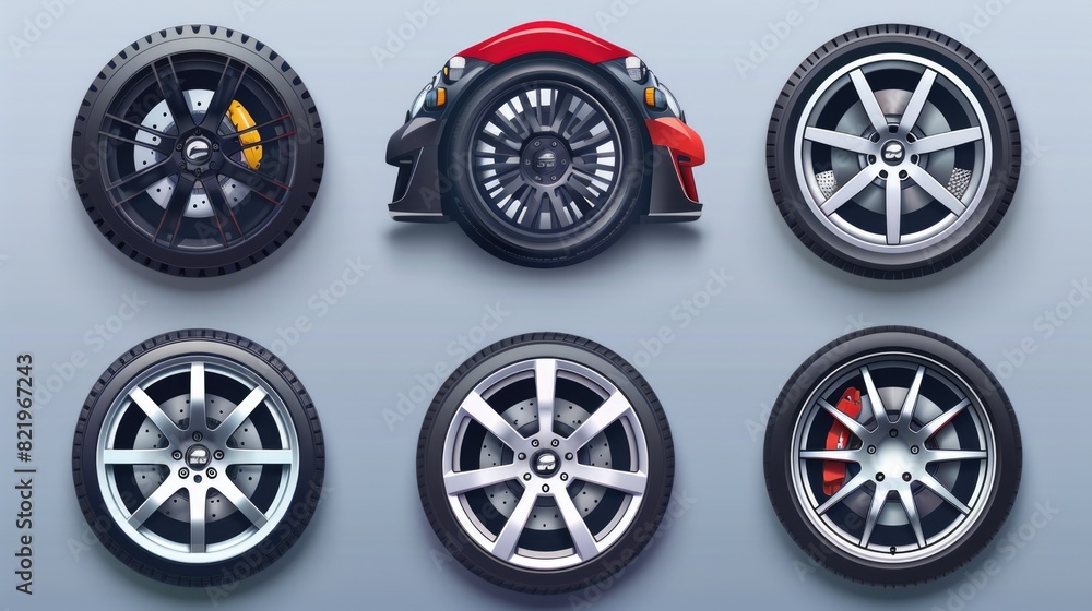 Poster a collection of four different types of wheels, ideal for various industrial and transportation conc