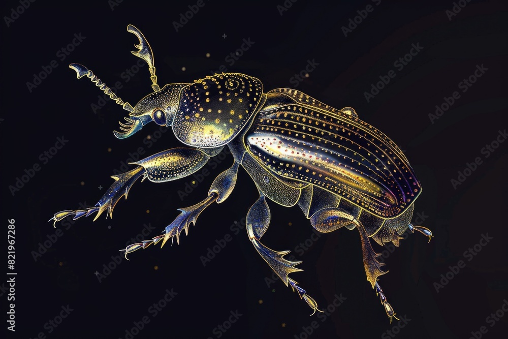 Poster a beetle sitting on a black surface. suitable for various nature themes