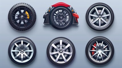 A collection of four different types of wheels, ideal for various industrial and transportation concepts