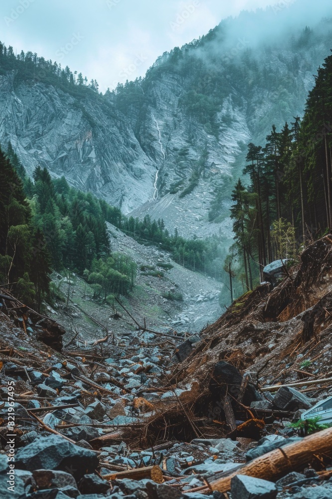 Poster Scenic view of a mountain with rocks and trees in the foreground. Suitable for nature and travel concepts
