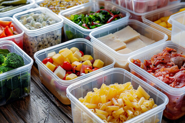 Various plastic containers filled with different types of food 