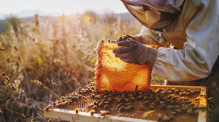 A beekeeper in traditional attire inspects a honeycomb in the morning light, checking bee health and honey quality.