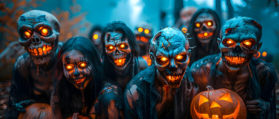 Obraz premium A group of friends dressed as ghouls for Halloween, posing with spooky decorations in the background