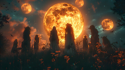 Obraz premium A group of friends dressed in spooky costumes, posing under the full moon on Halloween night. Focus Stacking