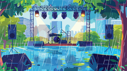 Open air music festival stage with speakers in rain
