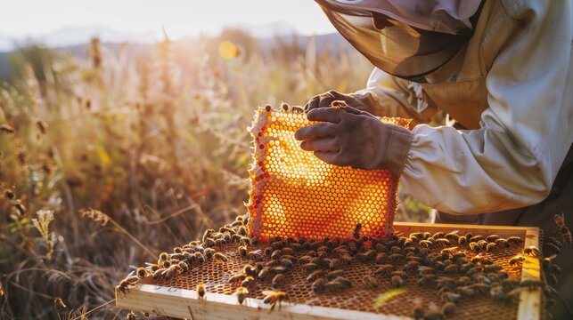 A beekeeper in traditional attire inspects a honeycomb in the morning light, checking bee health and honey quality.
