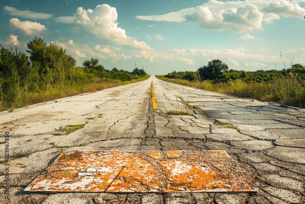 Poster a deserted road with a sign on the side, suitable for various concepts and designs